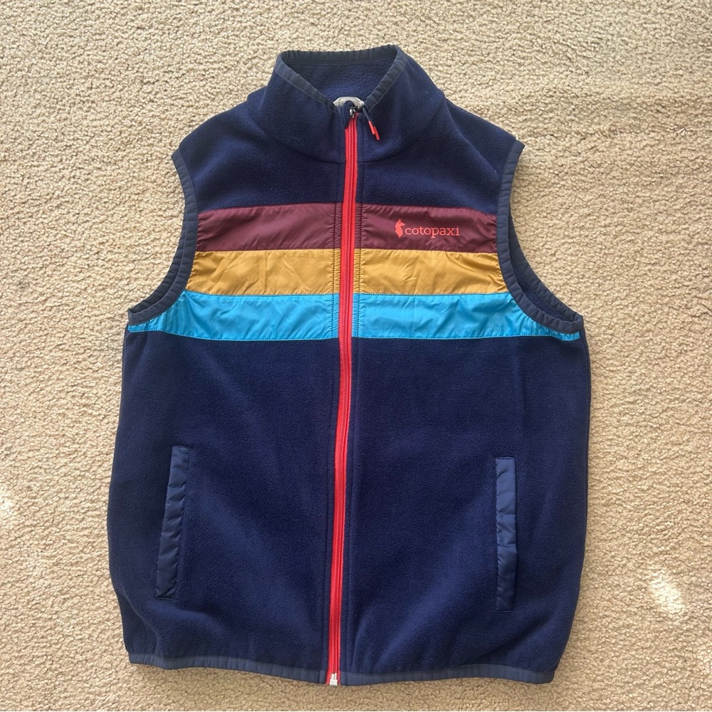 cotopaxi Navy Blue Fleece Vest with Red, Maroon, Mustard & Teal Stripes